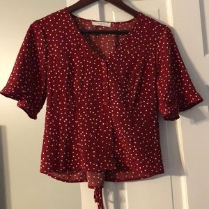 Red button up blouse, high waist polka dot
